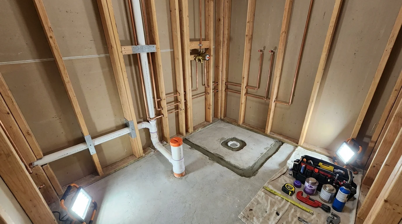 Bathroom rough-in plumbing during remodel by Johns Plumbing LLC in Whitley City