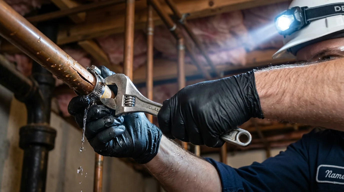 Emergency pipe clamp repair being performed by a Johns Plumbing LLC plumber in Whitley City
