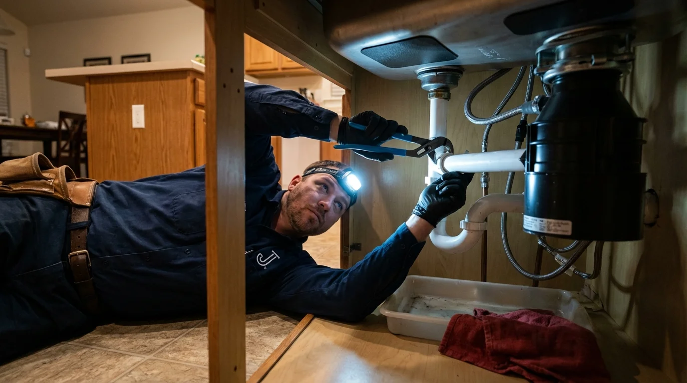 P-trap and supply line connections under a kitchen sink showing a common leak point in Whitley City, KY